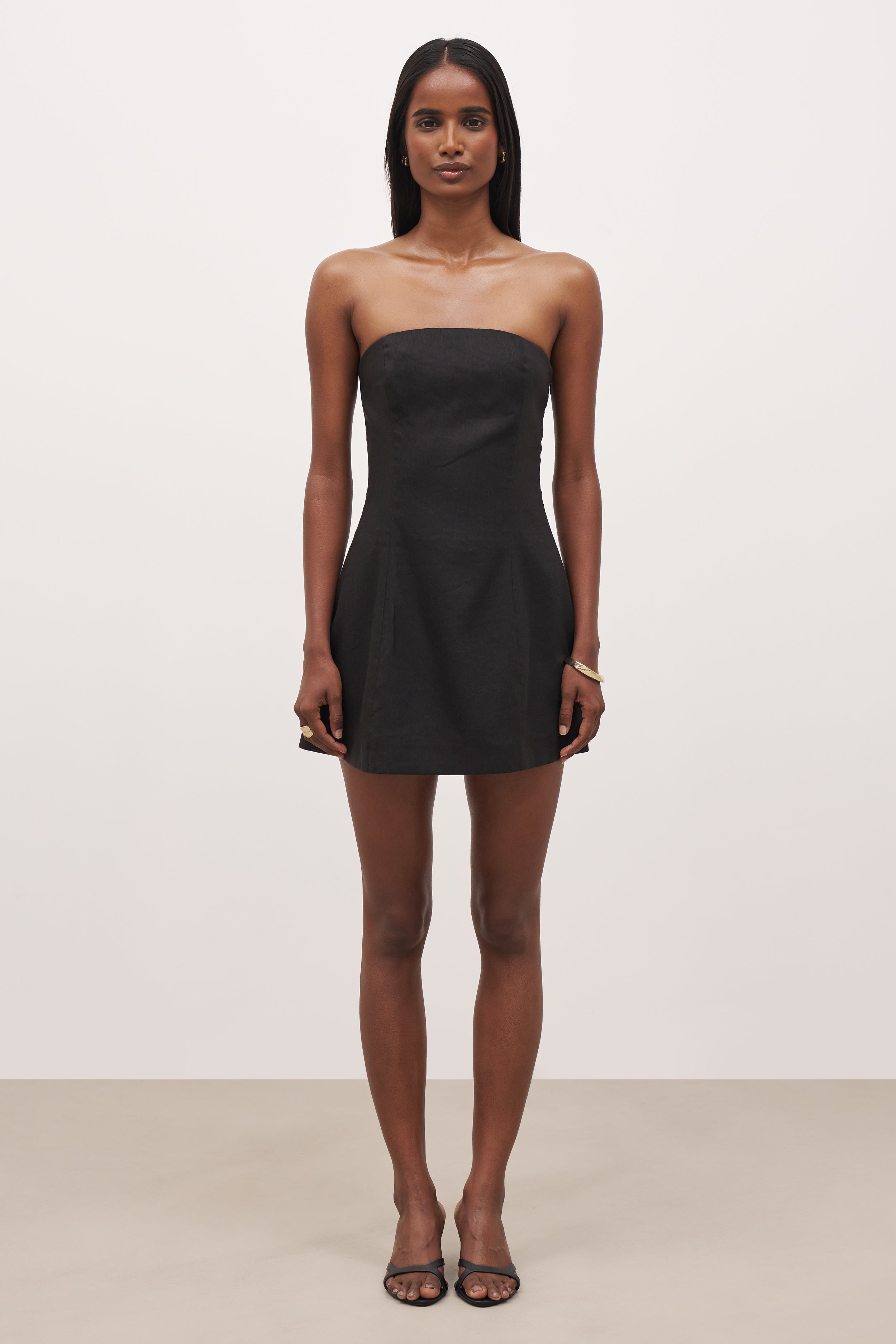 Strapless Linen A Line Mini Dress - Black