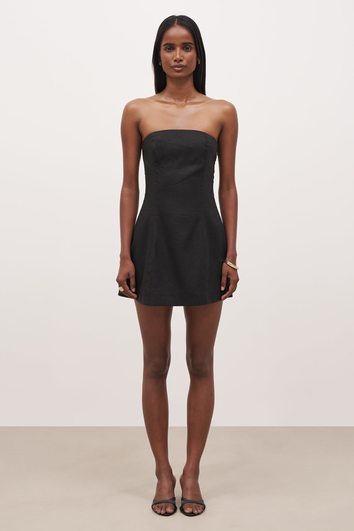 Strapless Linen A Line Mini Dress - Black