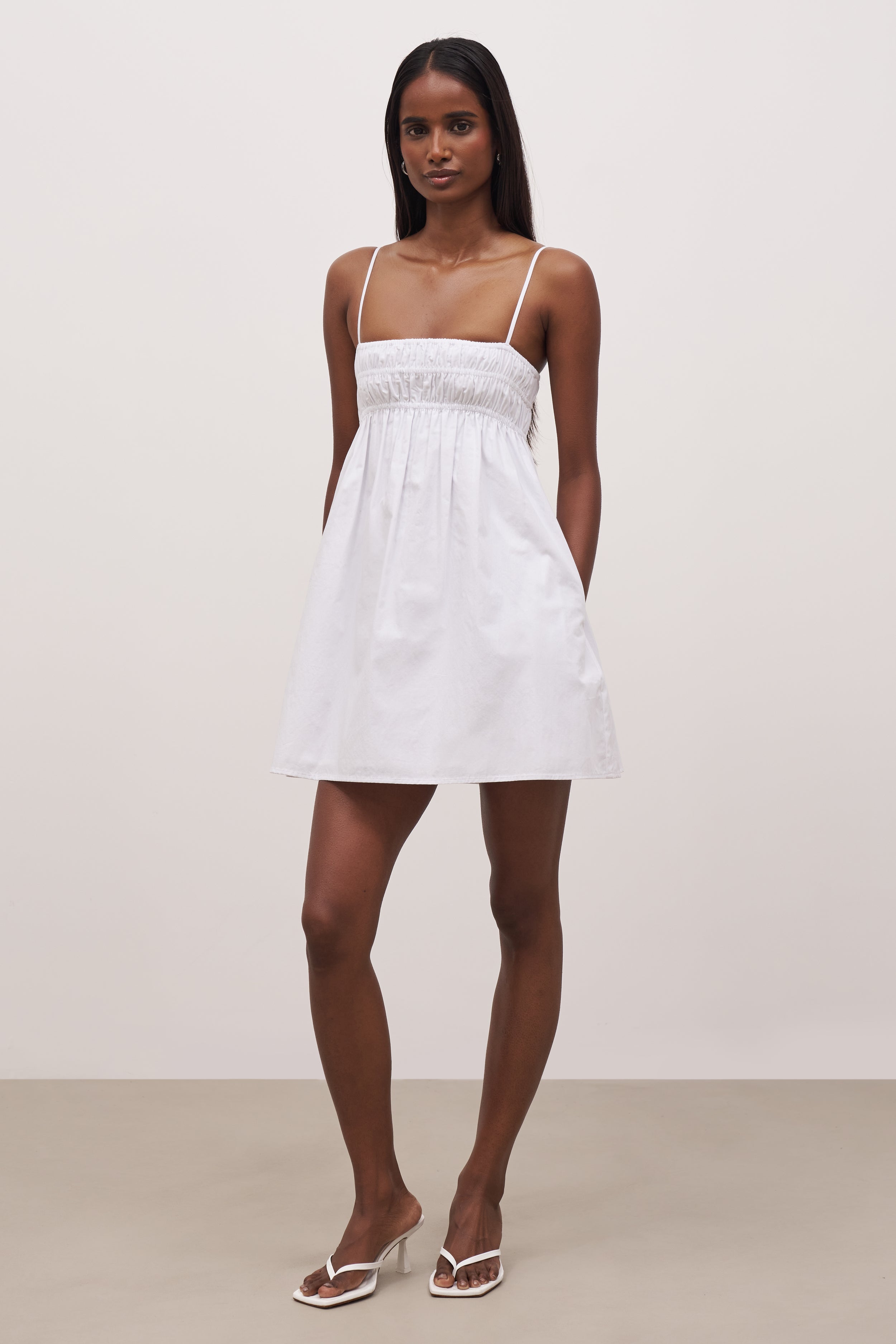 Ruched Cotton Mini Dress  - White