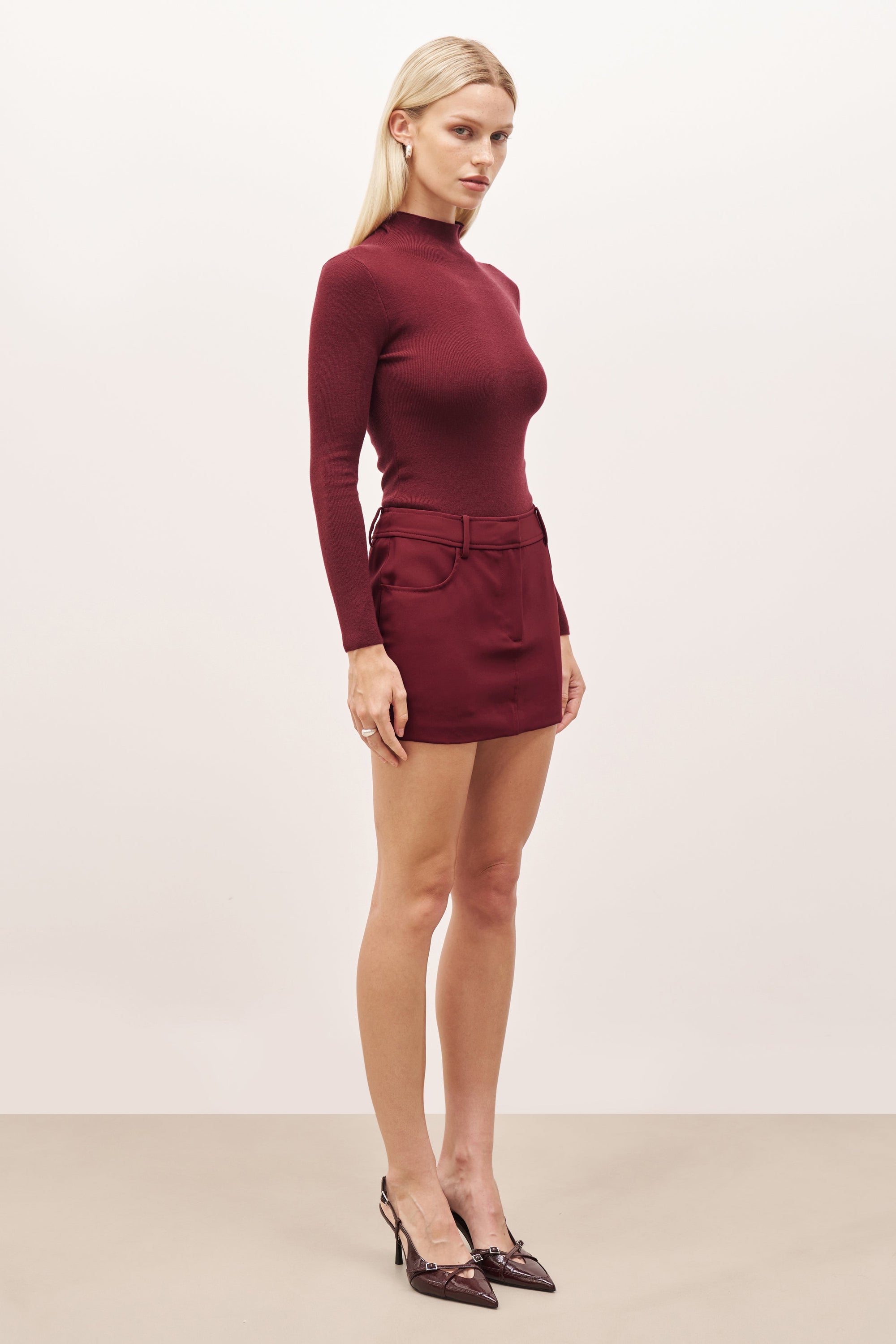 Fine Knit High Neck Bodysuit - Burgundy