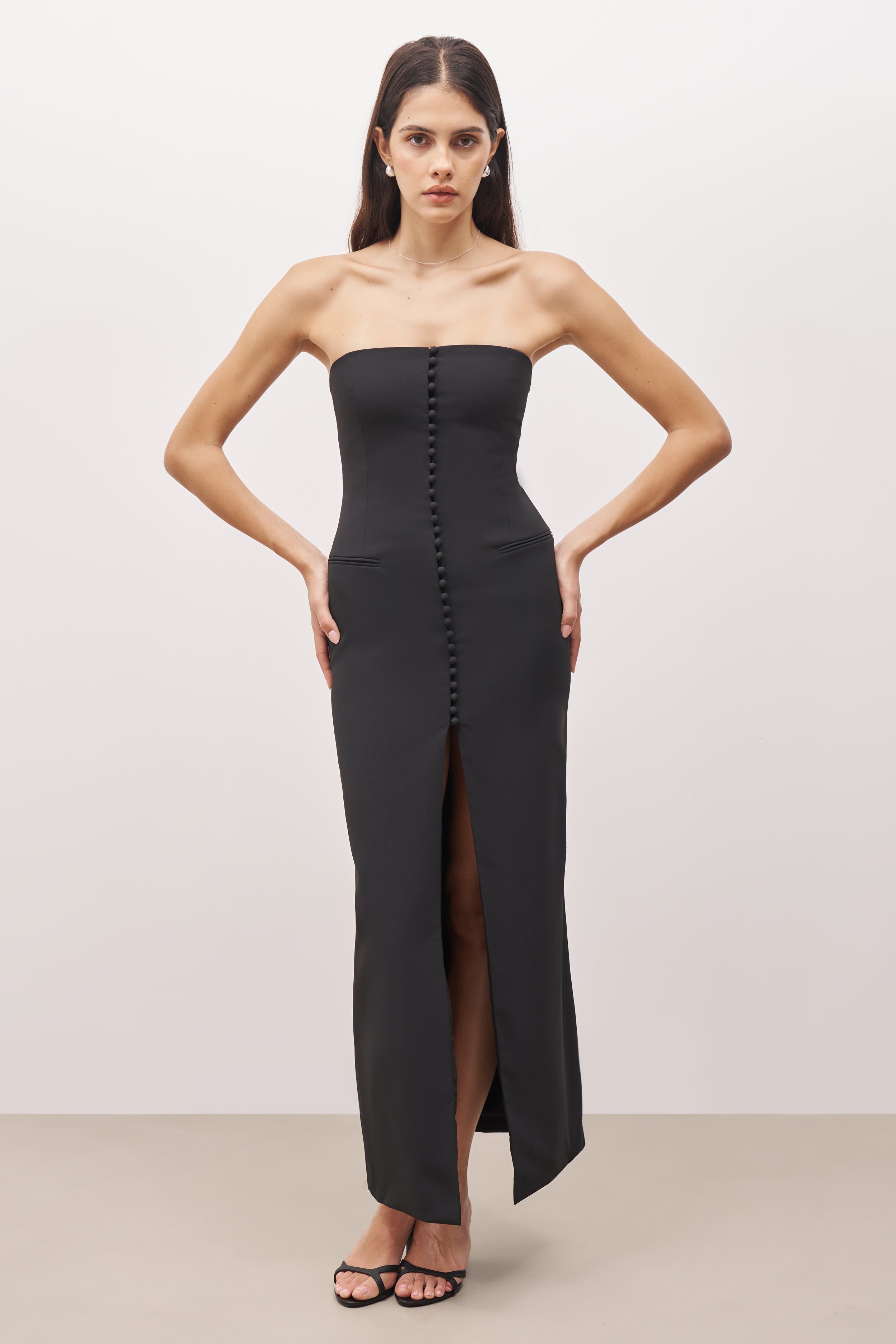 Strapless Peplum Maxi Dress - Black