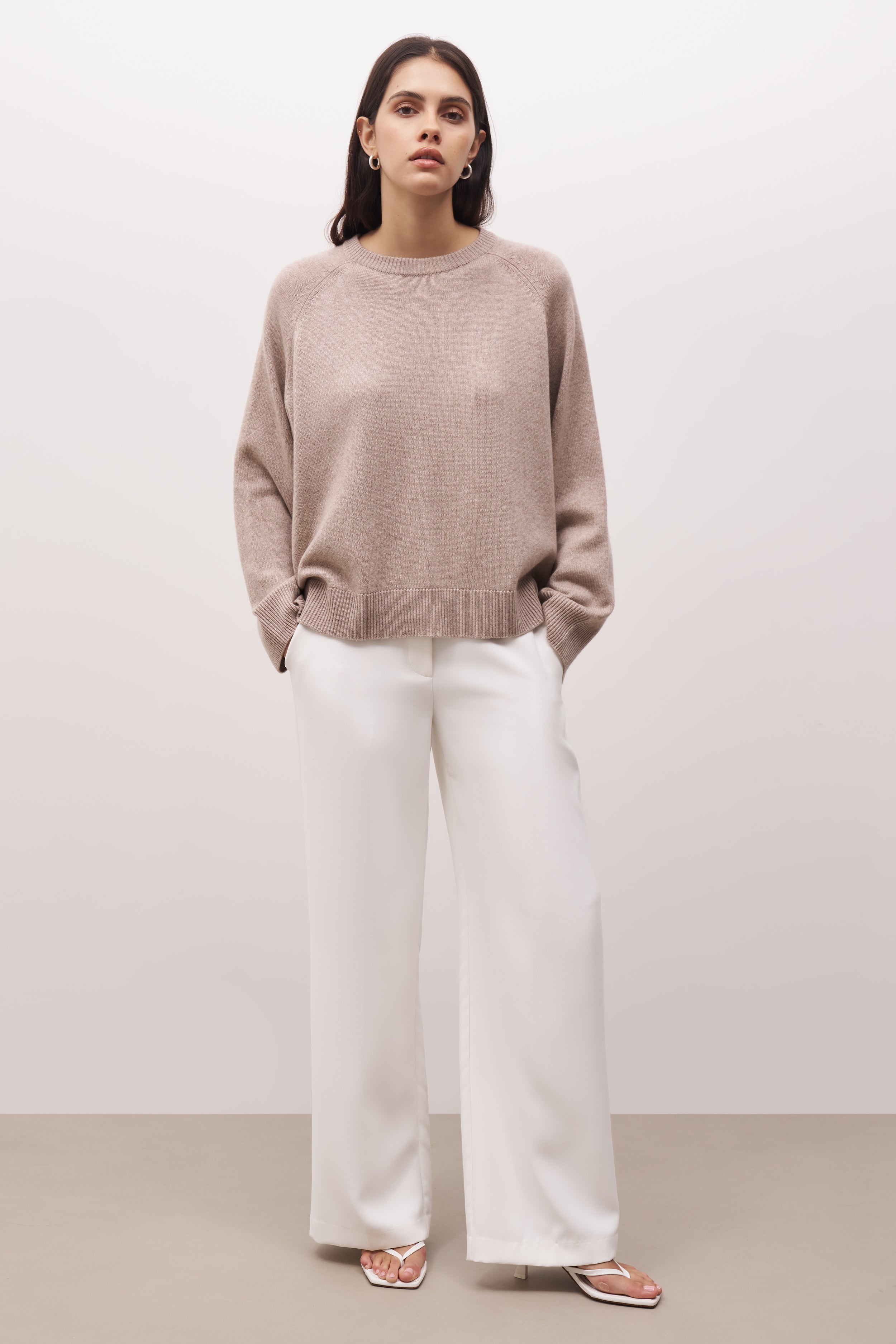 Crew Neck Cashmere Blend Jumper - Stone