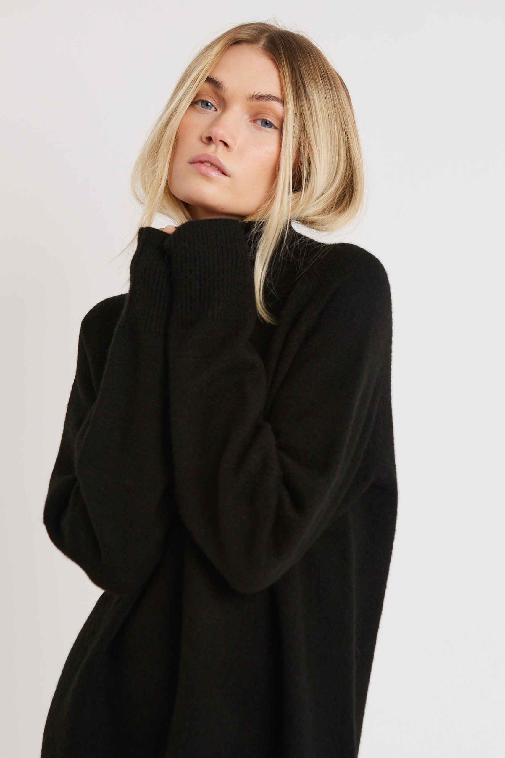 Soft Brushed High Neck Jumper Dress - Black