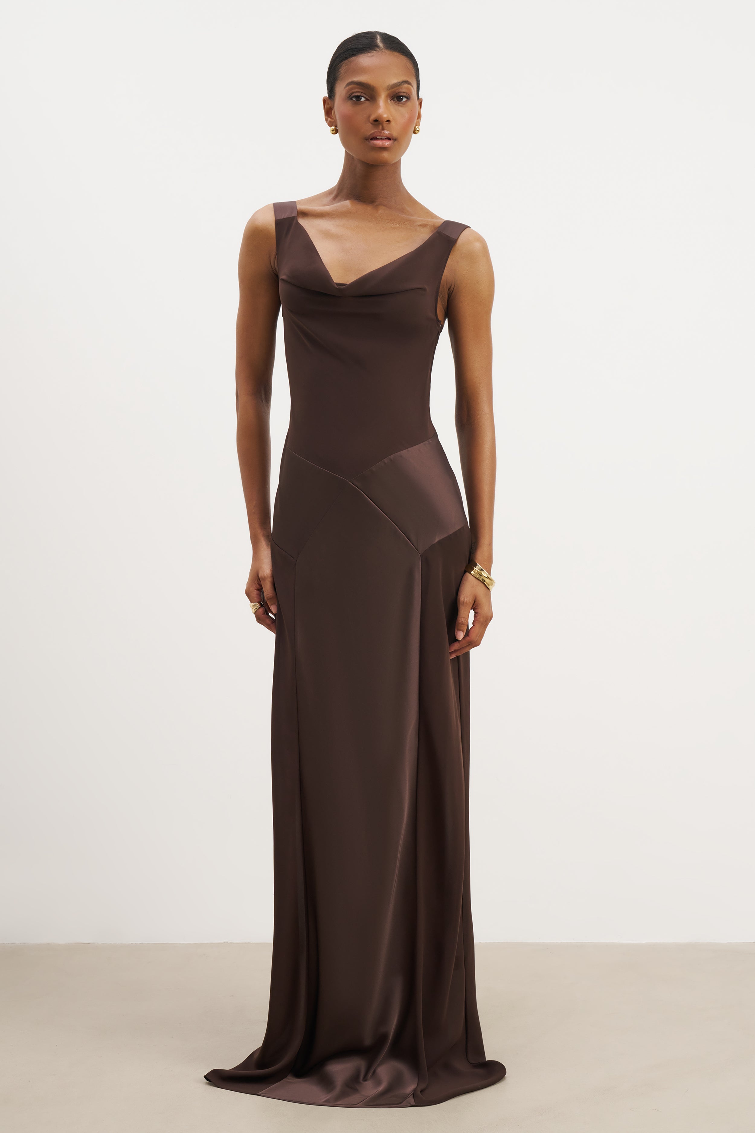Cowl Neck Satin Panel Gown - Carob | BOA EU