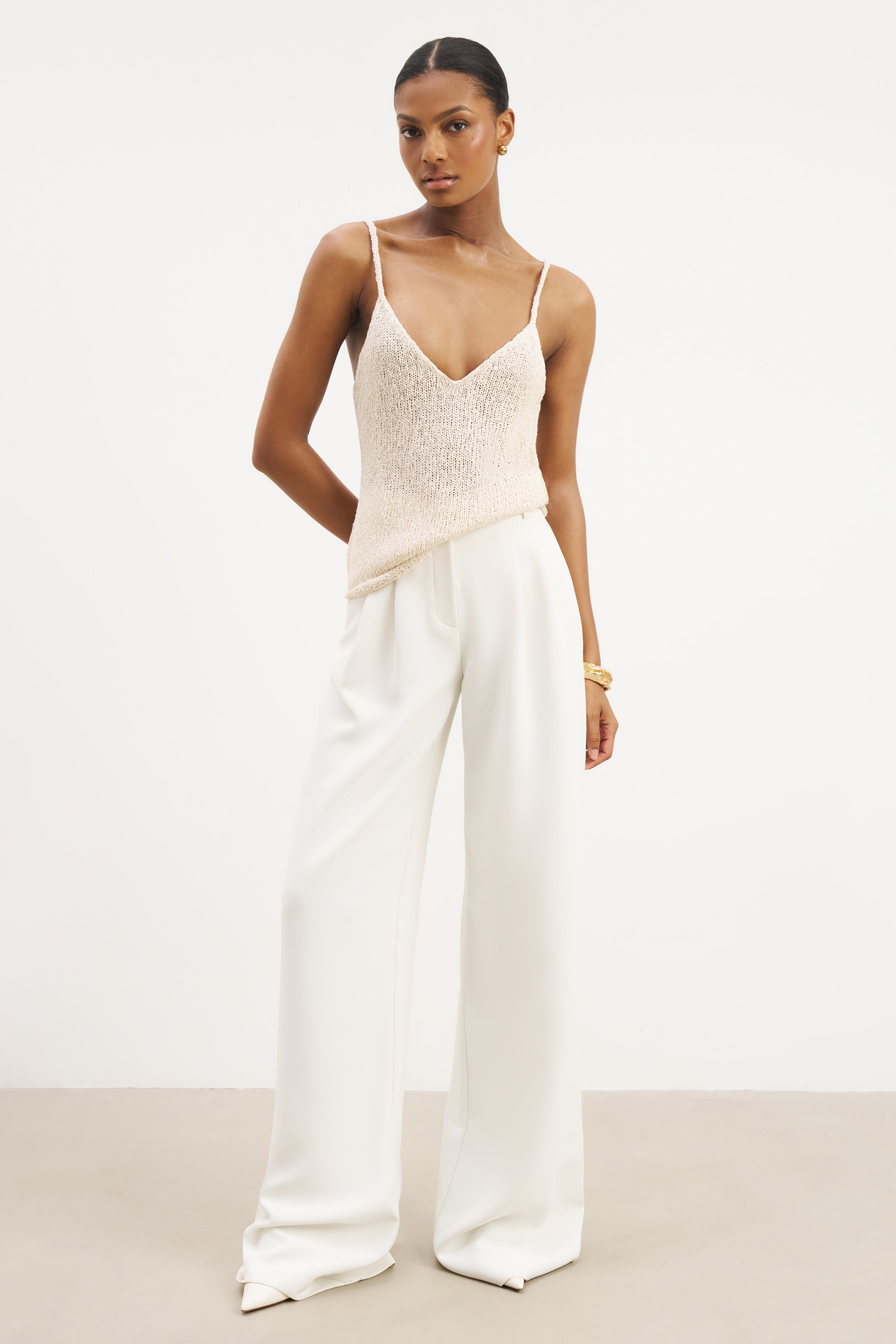 Crochet Knit Plunging Cami Top - Cream | BOA EU