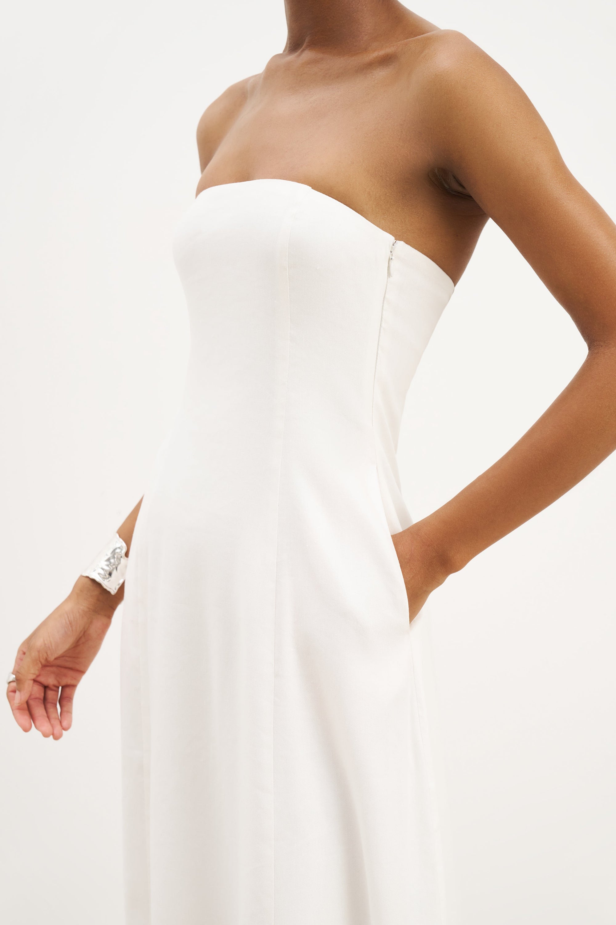 Strapless Linen A Line Maxi Dress - White Strapless Linen A Line Maxi Dress - White