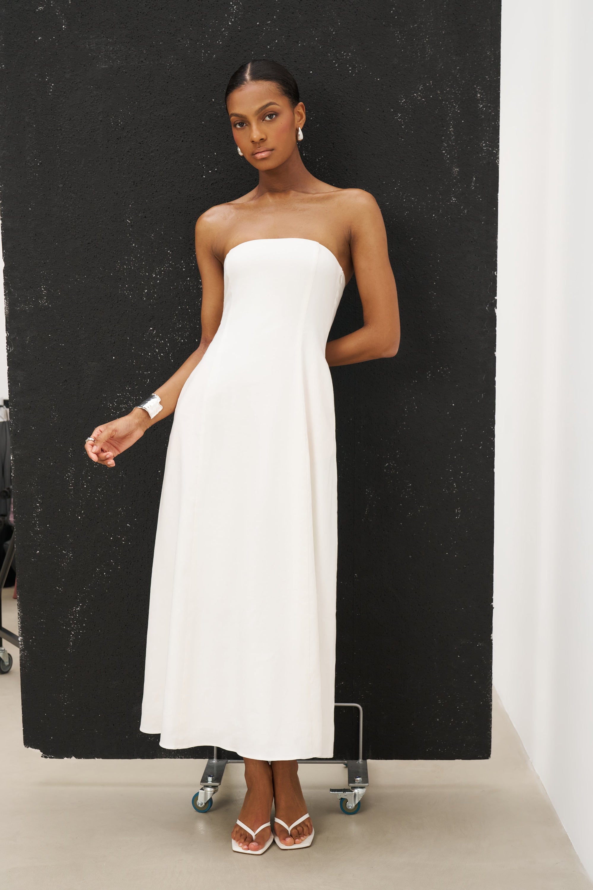Strapless Linen A Line Maxi Dress - White Strapless Linen A Line Maxi Dress - White