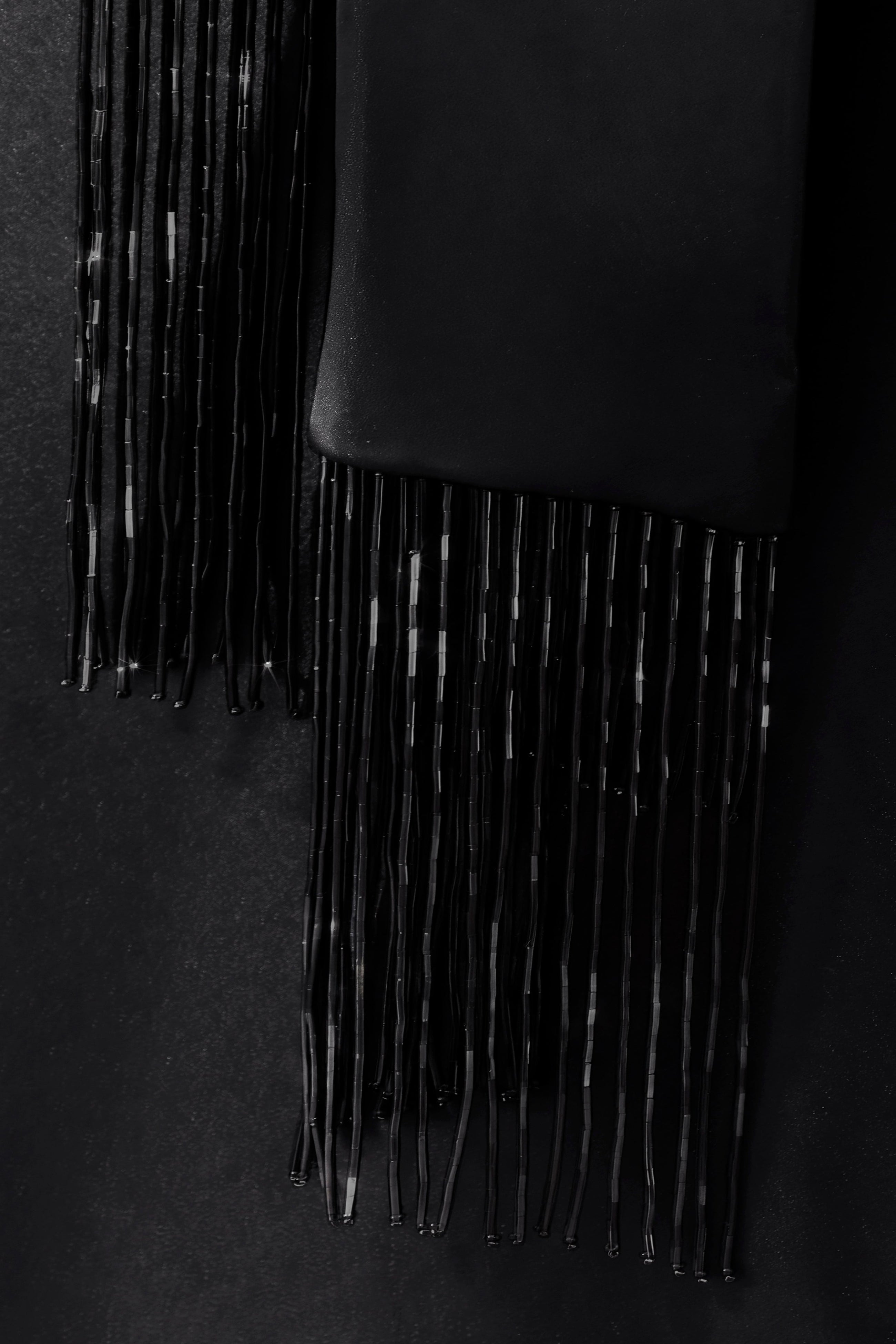 Plunging Knot Detail Gown with Fringing - Black