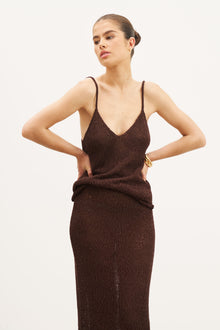 Crochet Knit Plunging Cami Top - Carob