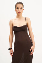 Chiffon Ruffle Ruched Bust Midi Dress - Carob