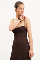 Chiffon Ruffle Ruched Bust Midi Dress - Carob