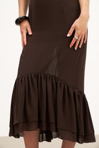 Chiffon Ruffle Ruched Bust Midi Dress - Carob