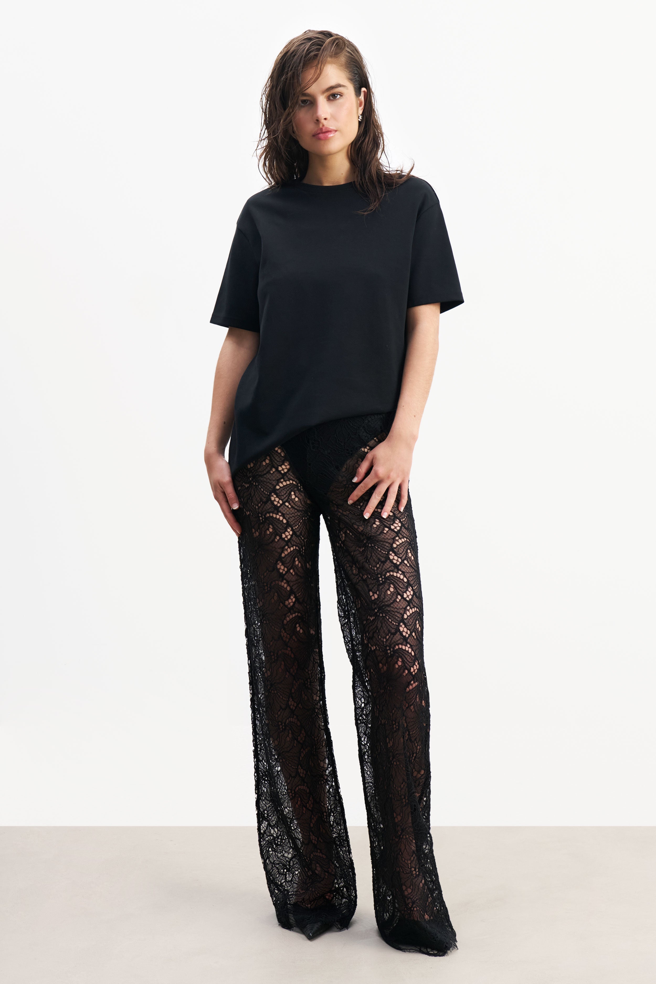 Lace Mid Rise Wide Leg Trousers - Black