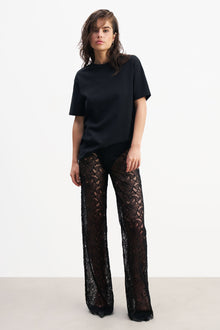Lace Mid Rise Wide Leg Trousers - Black