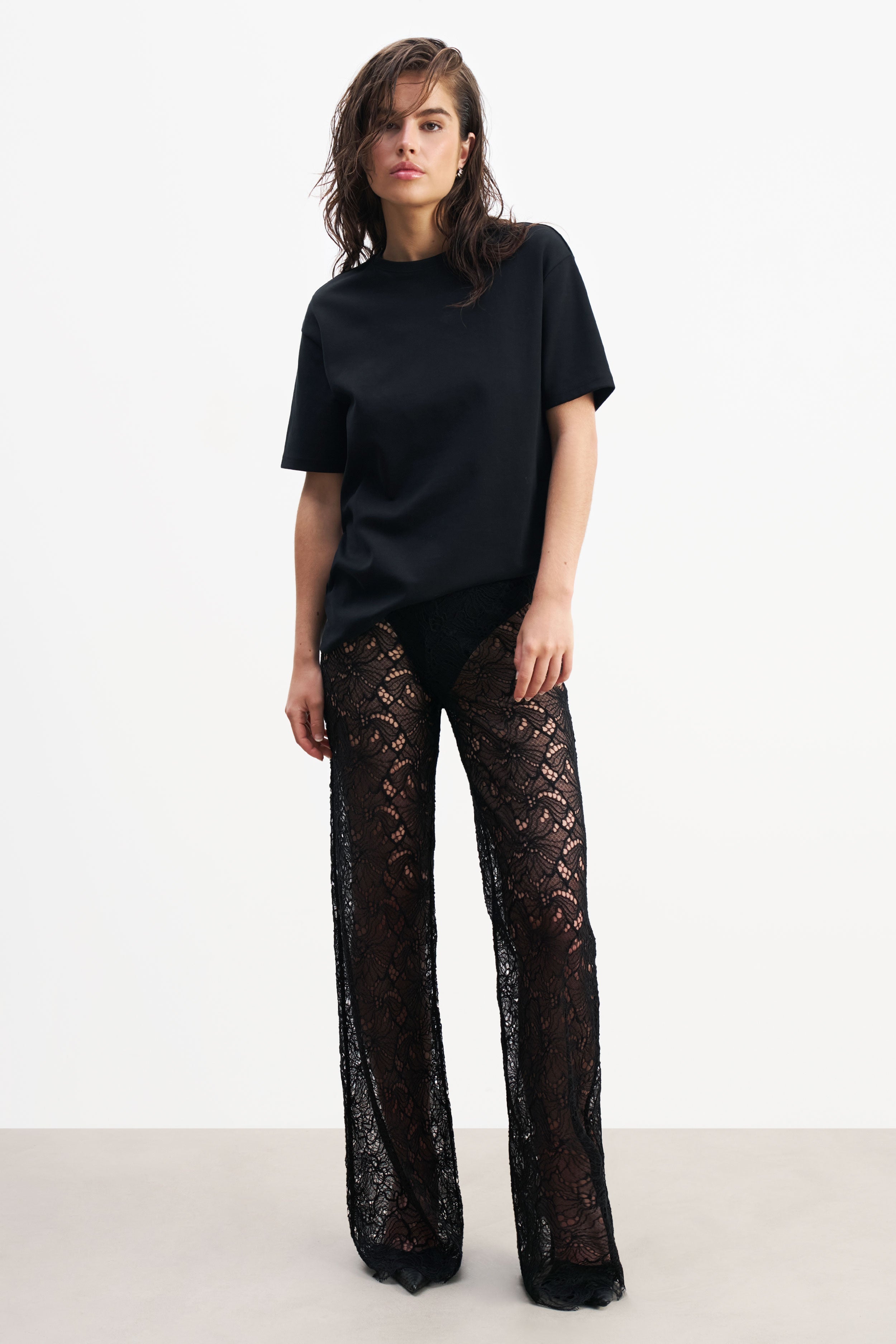 Lace Mid Rise Wide Leg Trousers - Black