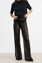 Lace Mid Rise Wide Leg Trousers - Black