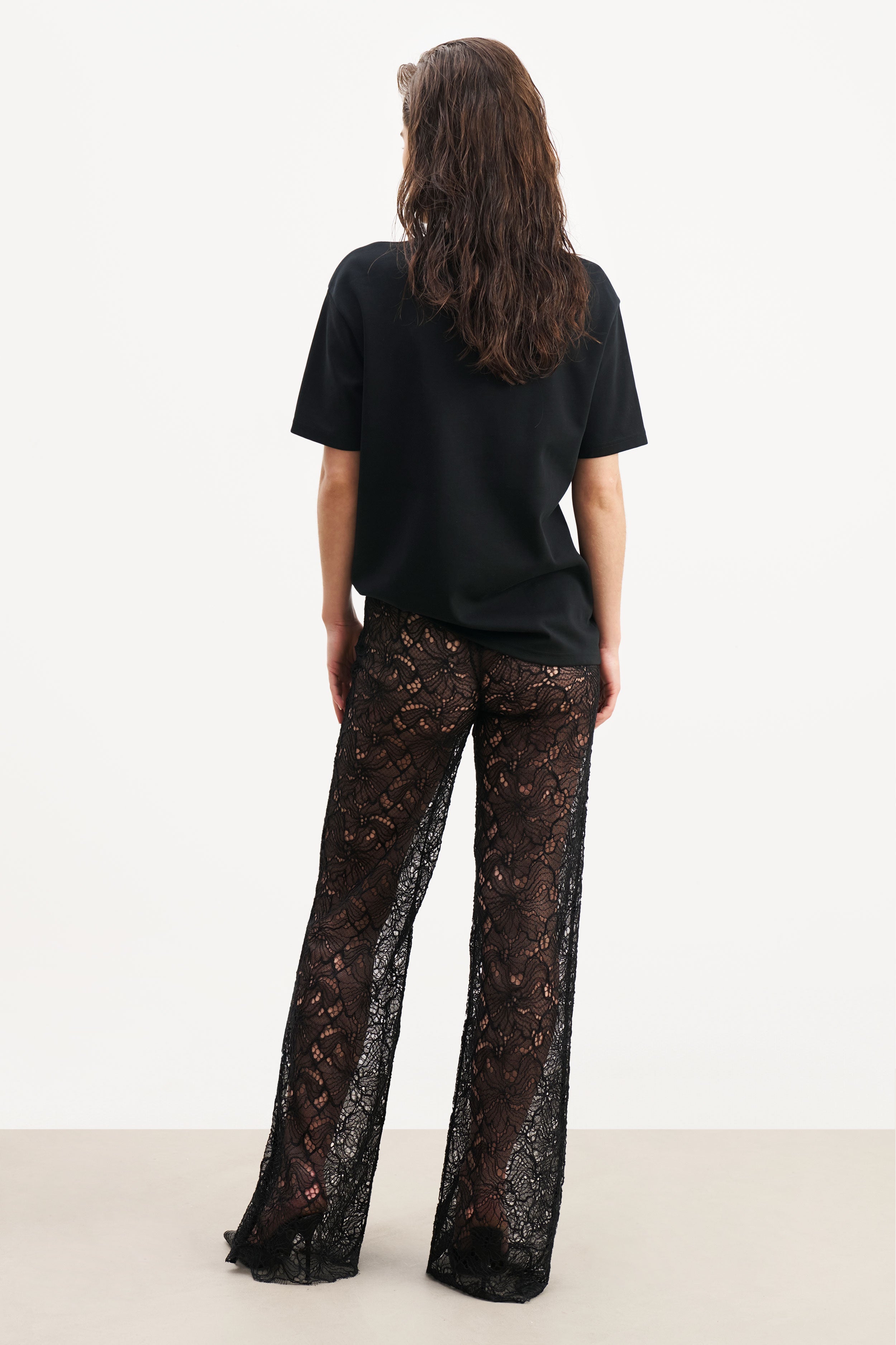 Lace Mid Rise Wide Leg Trousers - Black