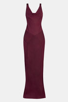 Cowl Neck Satin Panel Gown - Mulberry