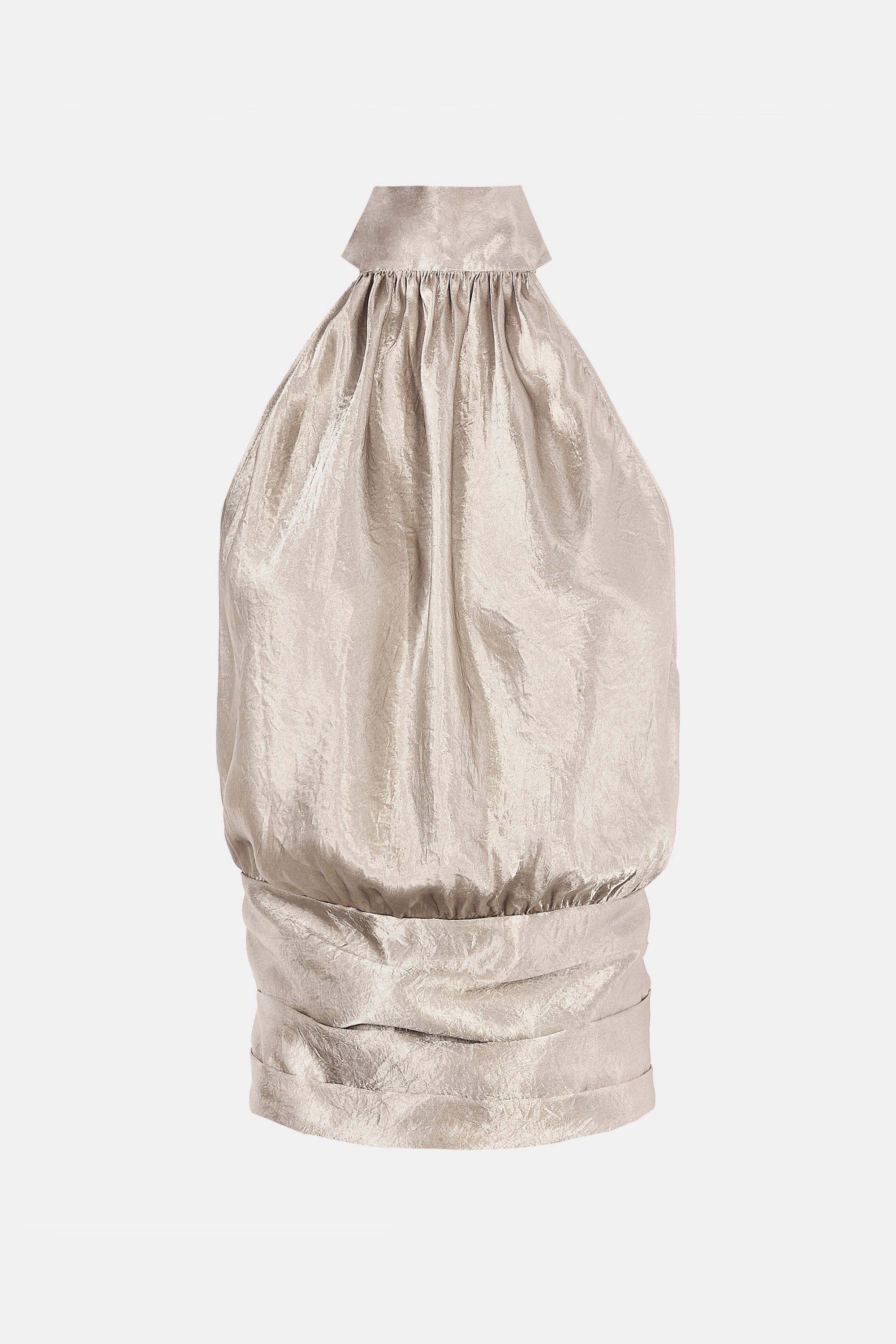 Crushed Satin Backless Halterneck Top - Pebble