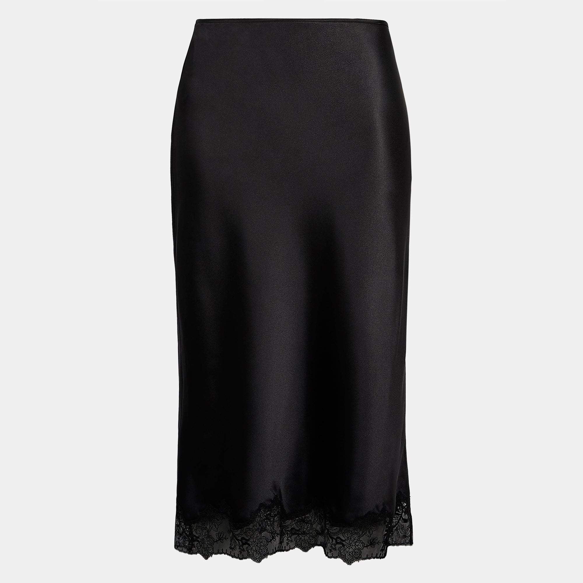 Satin Lace Detail Midi Skirt - Black