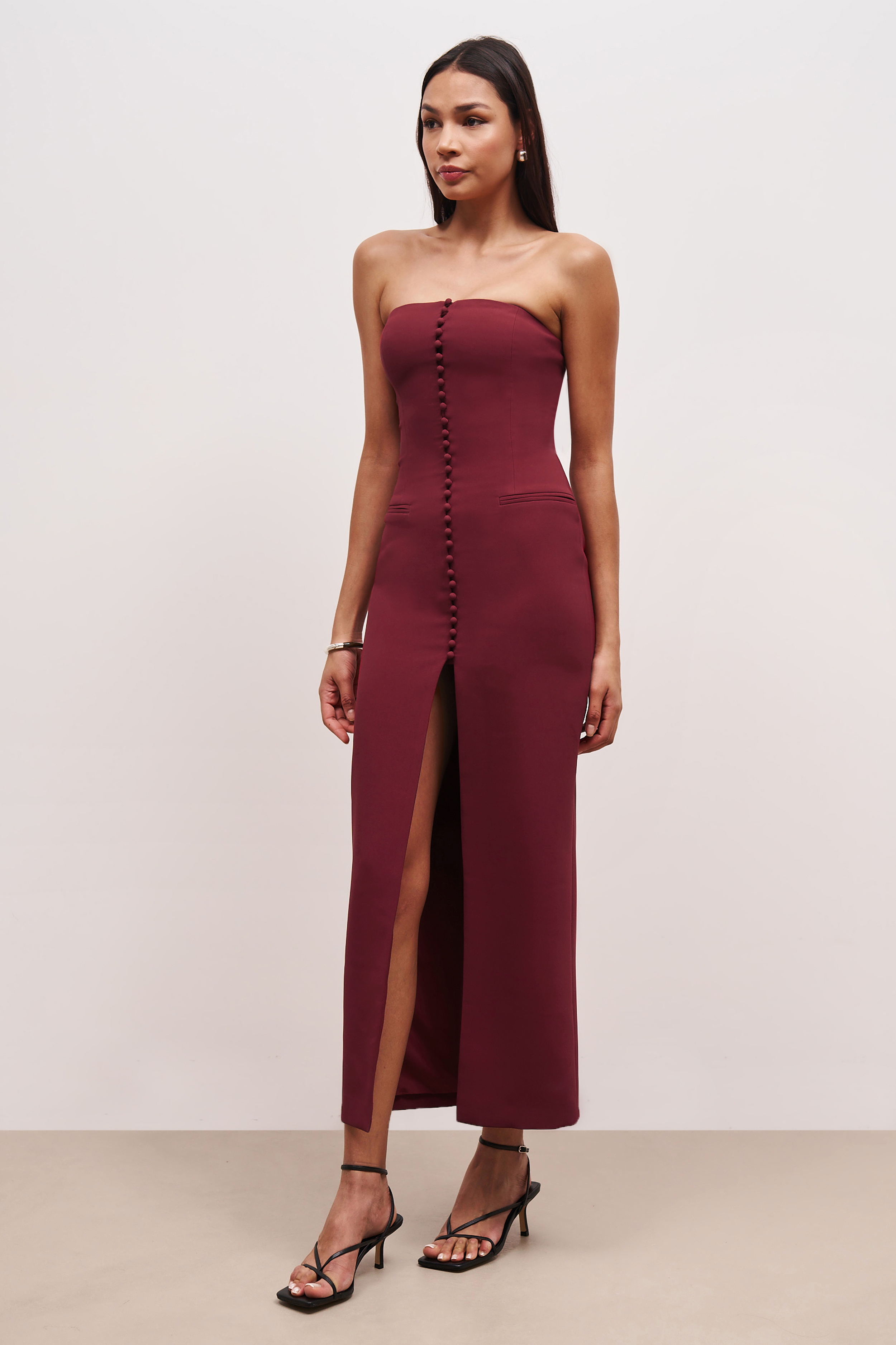 Strapless Peplum Maxi Dress - Burgundy