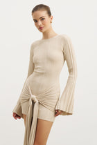 Fine Knit Gathered Longsleeve Mini Dress - Champagne Shimmer