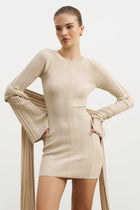 Fine Knit Gathered Longsleeve Mini Dress - Champagne Shimmer