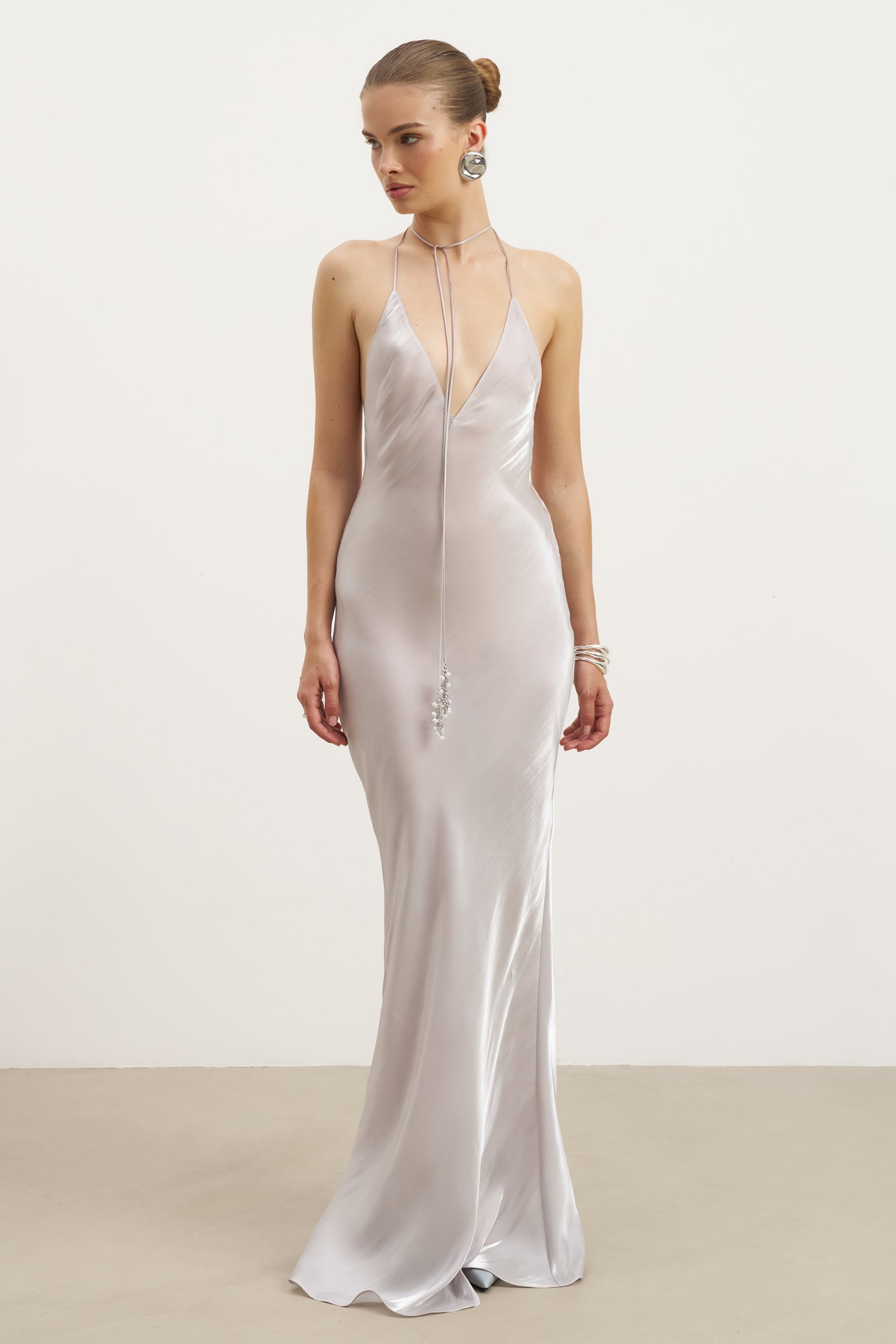 Pearl Detail Plunging Birthday Gown - Oyster Pearl