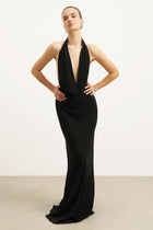 Chiffon Plunging Cowl Neck Maxi Dress - Black