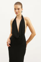 Chiffon Plunging Cowl Neck Maxi Dress - Black