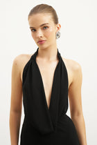 Chiffon Plunging Cowl Neck Maxi Dress - Black