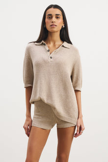 Relaxed Knit Linen Blend Mini Shorts - Stone