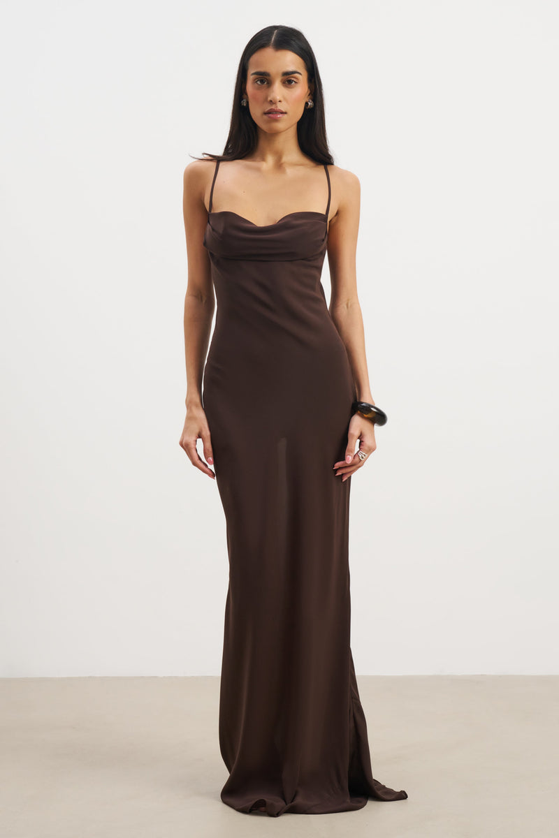 Ruched Chiffon Maxi Dress - Carob