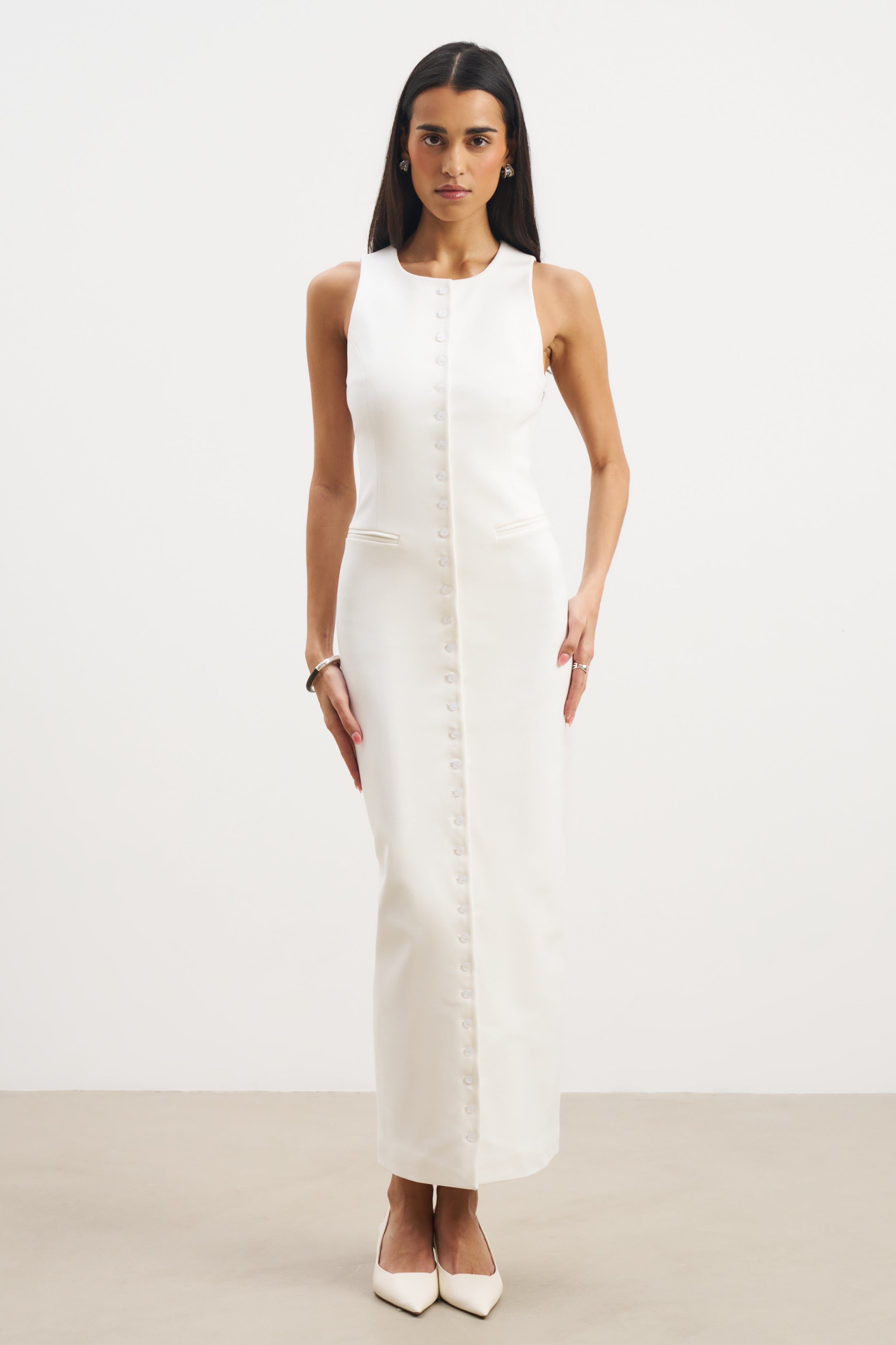 Tailored Button Down Maxi Dress - White