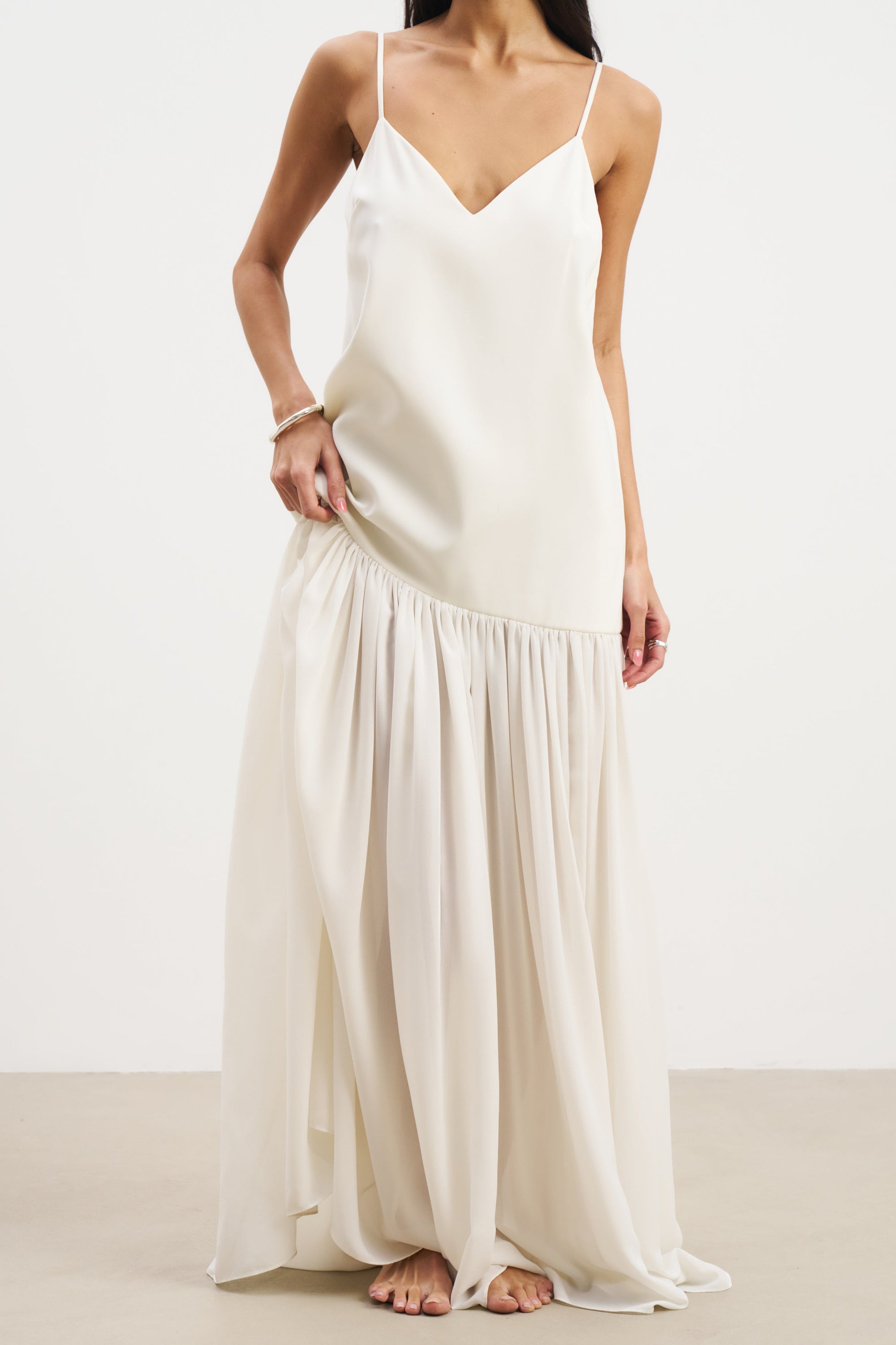 Flowing Dropped Waist Maxi Dress - Ivory