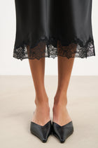 Satin Lace Detail Midi Skirt - Black