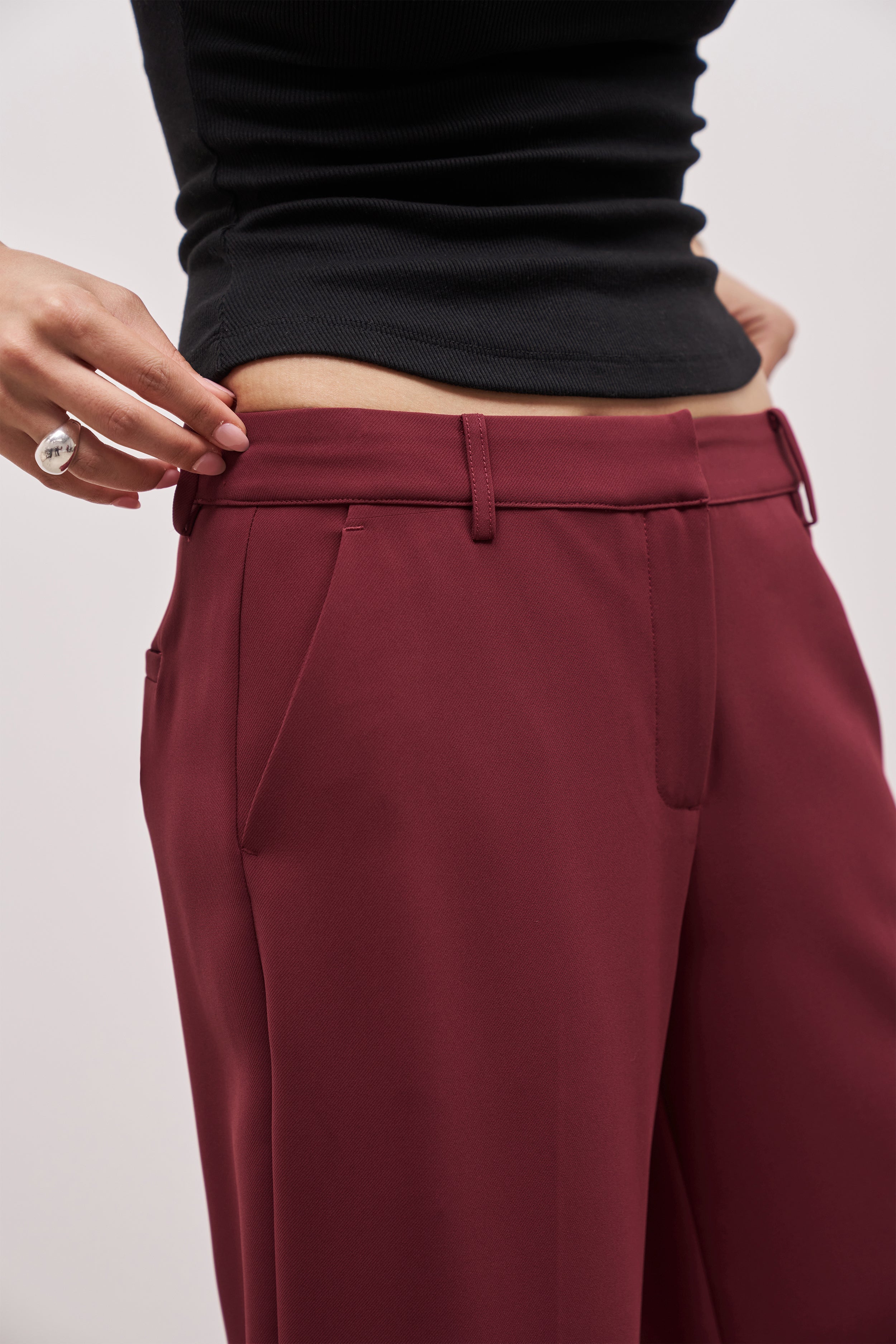 Draped Mid Rise Trousers - Burgundy