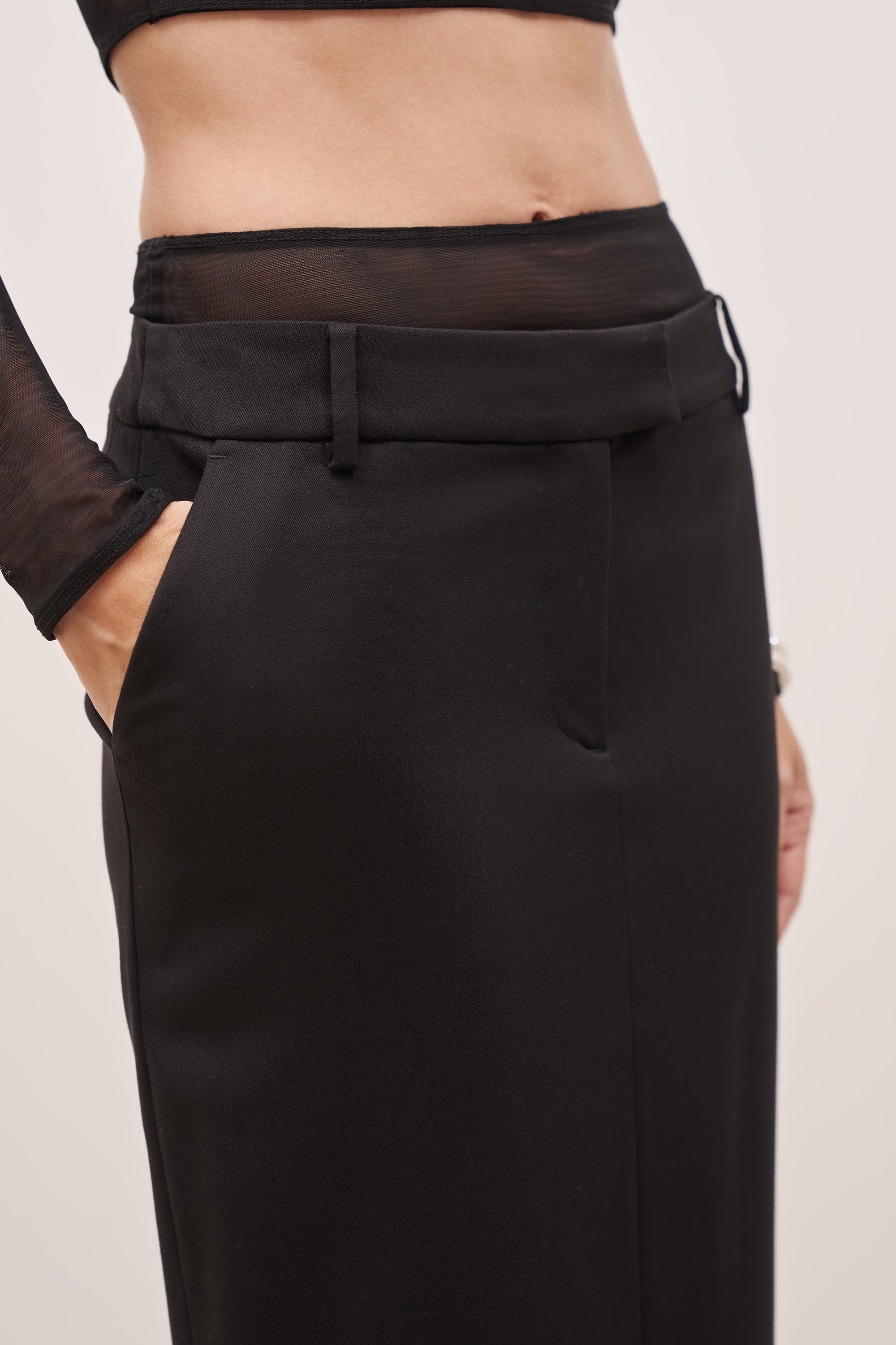 Double Waistband Relaxed Maxi Skirt - Black