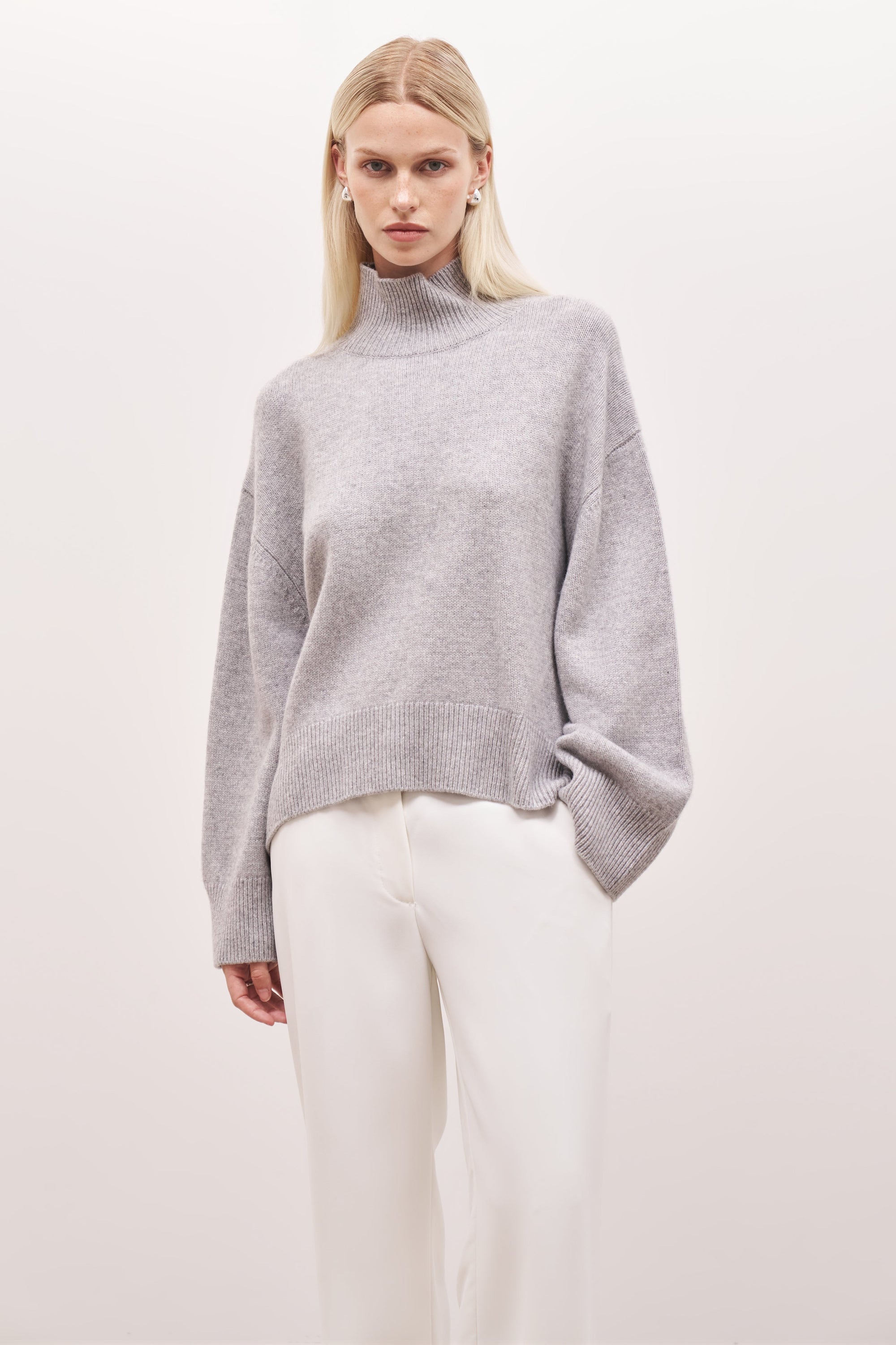 Relaxed High Neck Cashmere Blend Jumper - Grey Marl