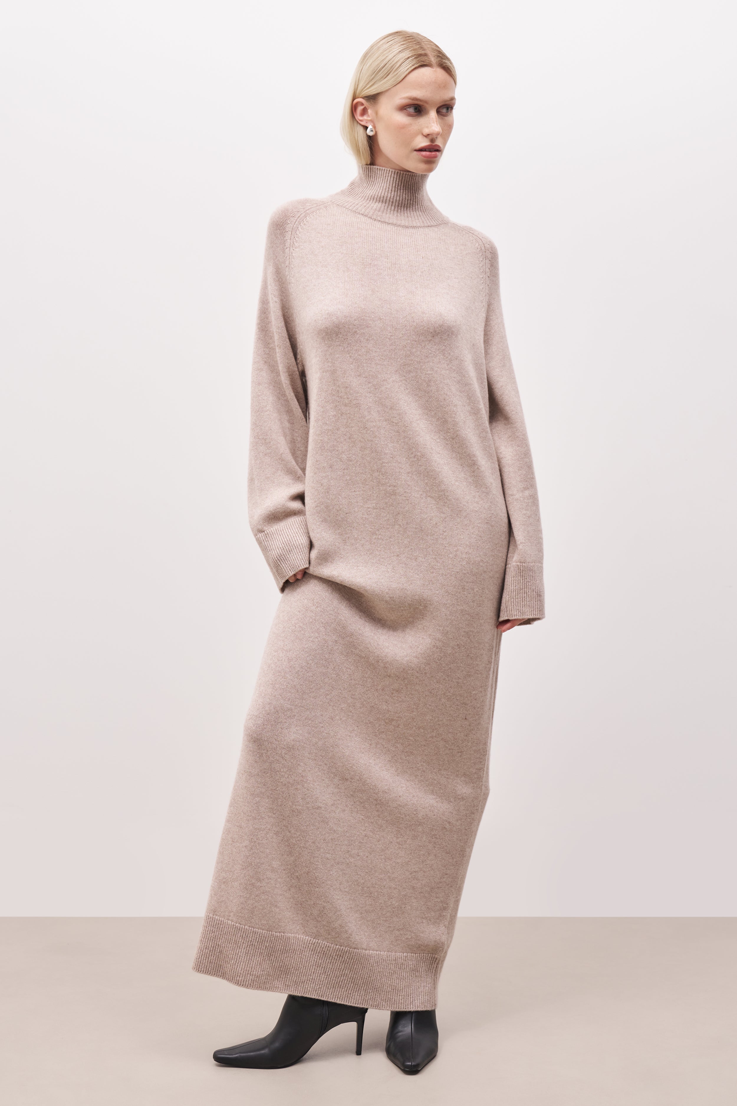 Relaxed High Neck Cashmere Blend Maxi Dress - Stone