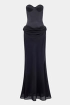 Satin Corset Gown with Draped Hip - Black