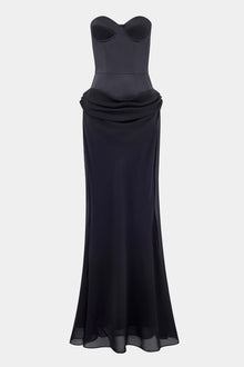 Satin Corset Gown with Draped Hip - Black