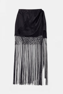 Satin Jacquard Sarong Midi Skirt with Fringing - Black