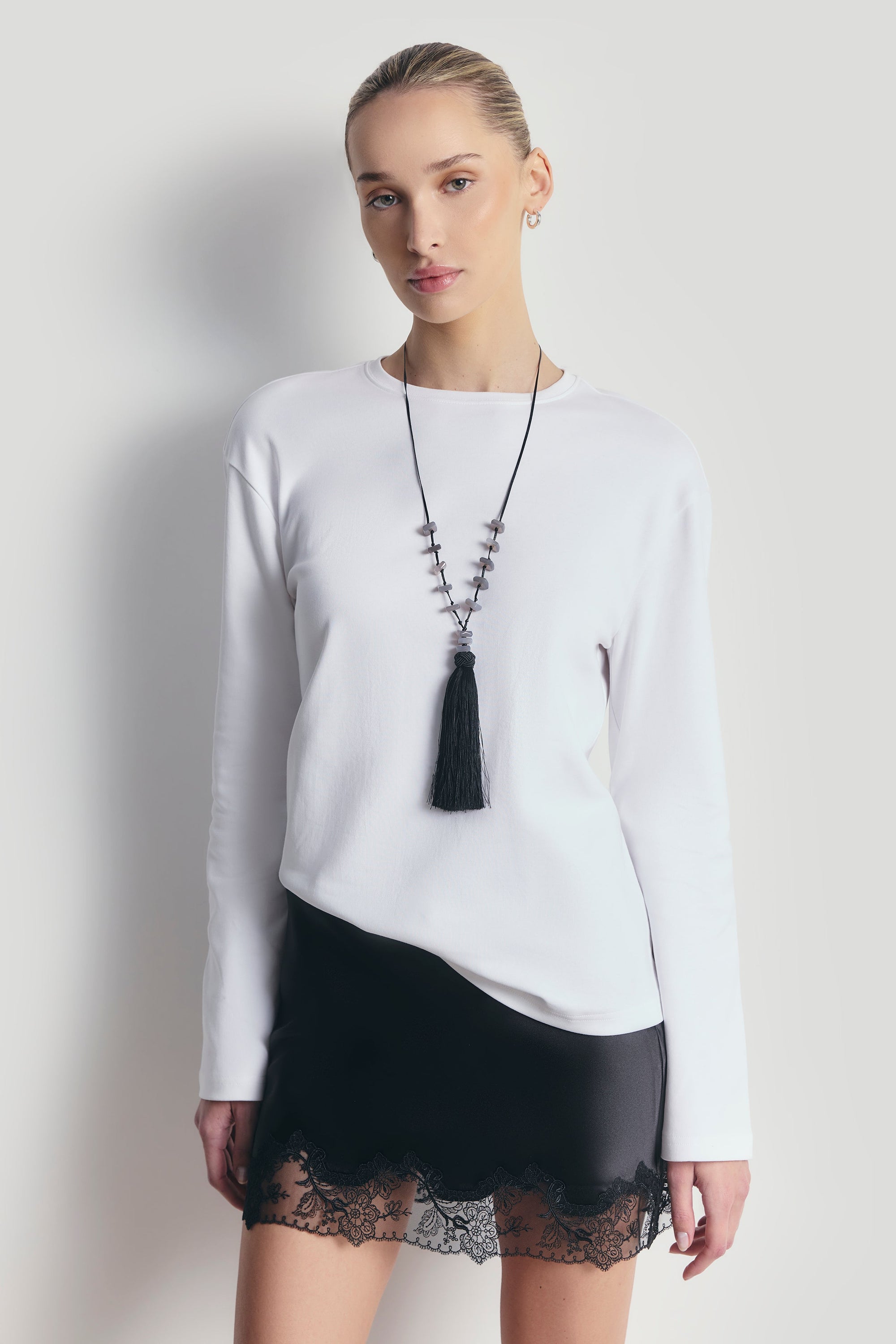 Satin Lace Detail Mini Skirt - Black