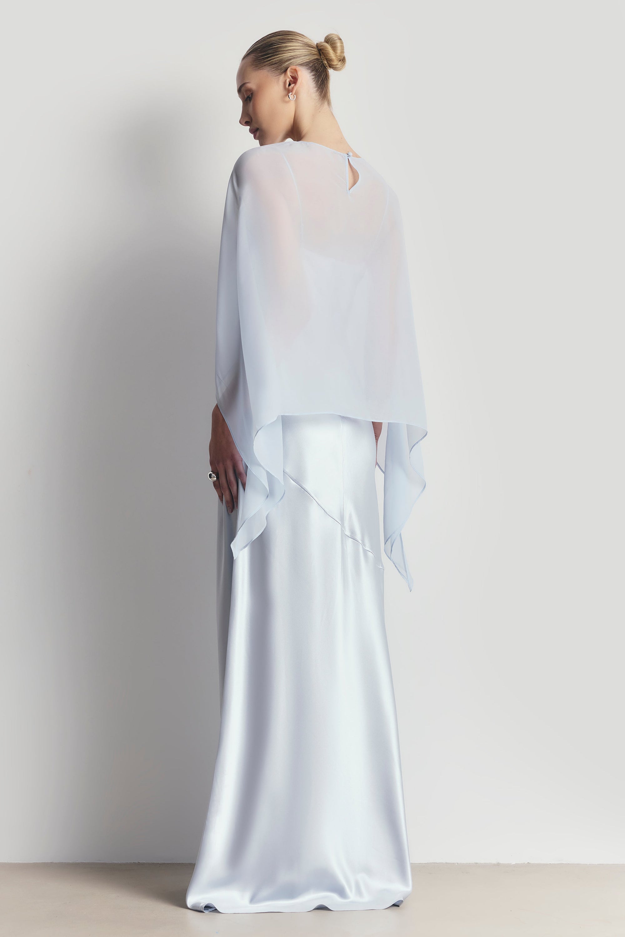Sheer Chiffon Curved Hem Cape - Powder Blue