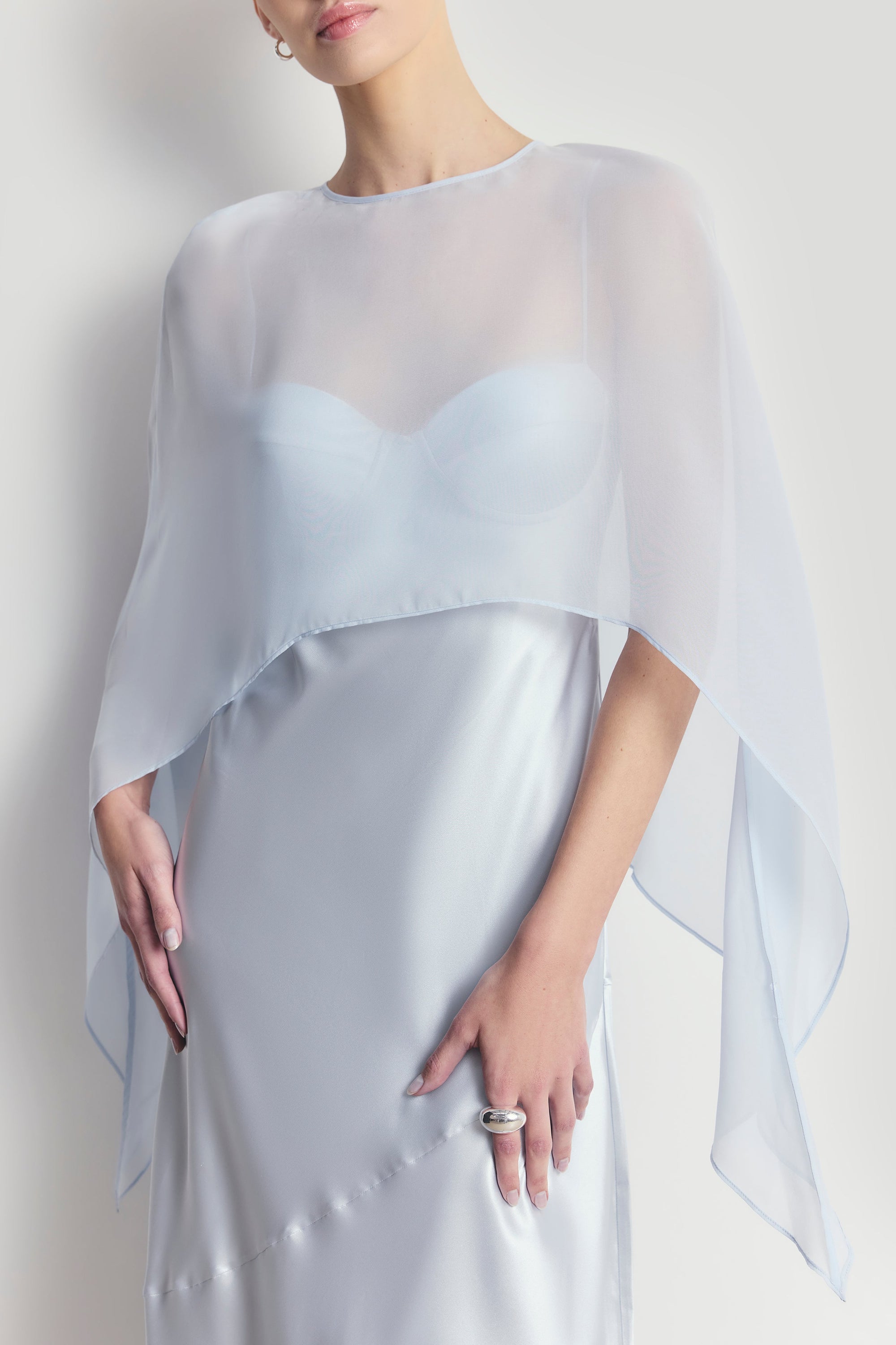 Sheer Chiffon Curved Hem Cape - Powder Blue