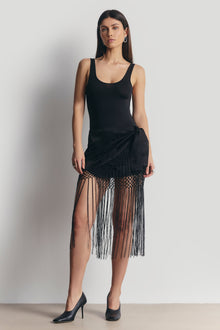 Satin Jacquard Sarong Midi Skirt with Fringing - Black