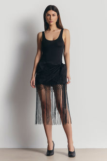 Satin Jacquard Sarong Midi Skirt with Fringing - Black