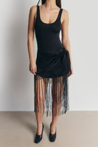 Satin Jacquard Sarong Midi Skirt with Fringing - Black