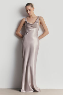 High Gloss Satin Cowl Neck Gown - Pebble